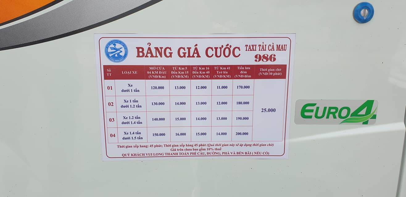 Bảng giá cước taxi tải Cà Mau